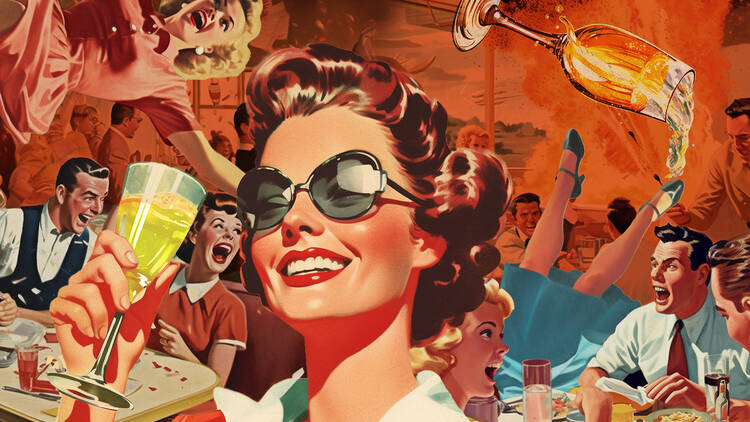 A collage of a woman drinking fizz